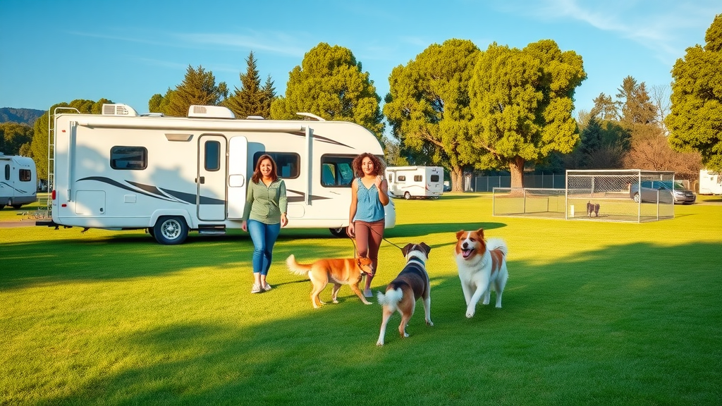 Pet friendly RV camping scene with couple and dogs at a lush campground