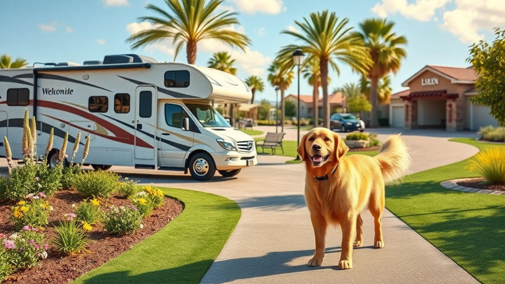 Golden retriever at pet friendly RV camping resort entrance with amenities