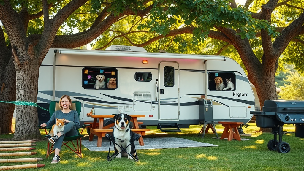 Family enjoys pet friendly RV camping with dog and cat in shaded area
