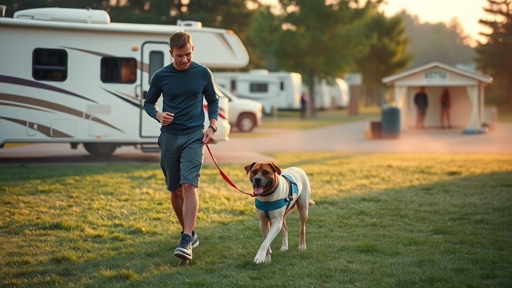 Dog being walked at pet friendly RV camping site in soft morning light