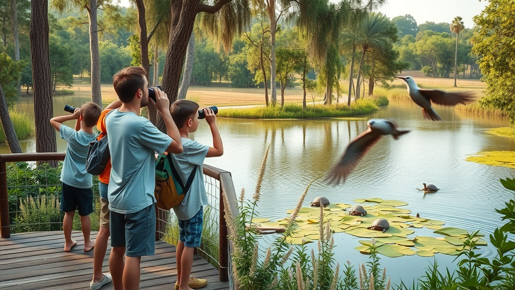 Family birdwatching at Resaca de la Palma viewing deck with lush wildlife