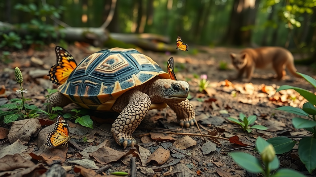 Texas tortoise and butterflies at resaca wildlife trail in natural habitat