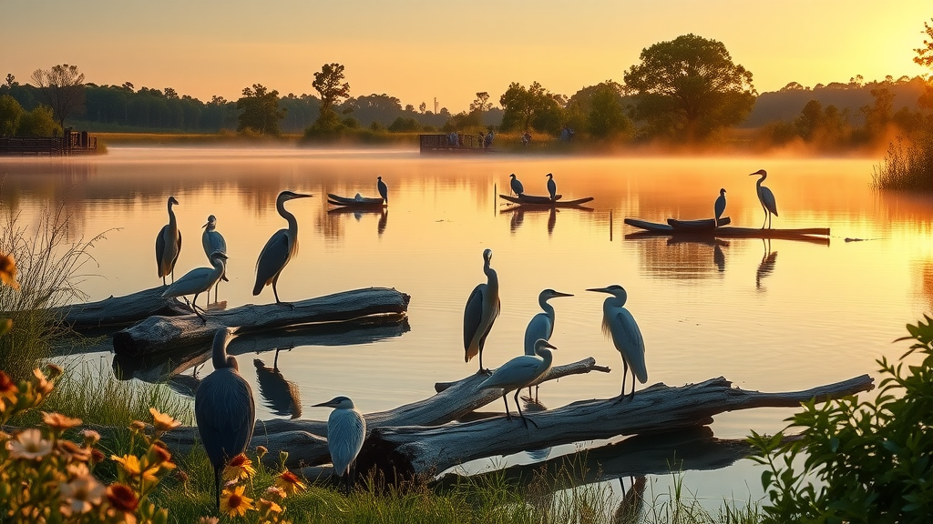 Herons and egrets at golden sunset during resaca wildlife viewing in Texas