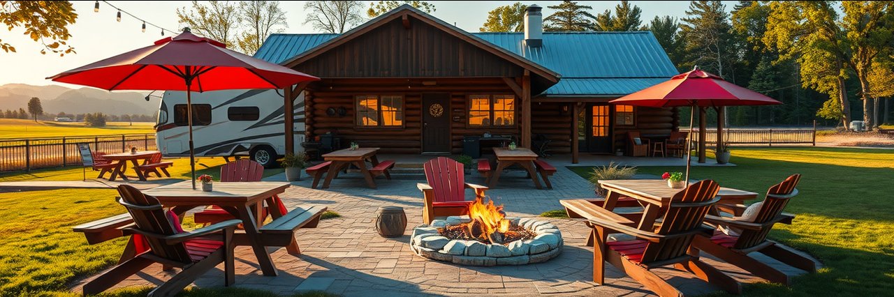 Inviting RV camping site with picnic tables, fire pit, and rustic lodge.