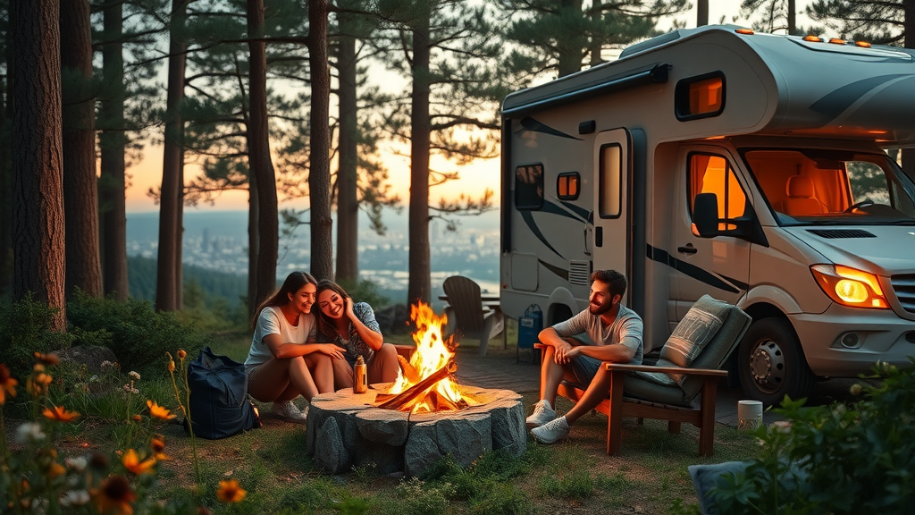 Modern RV family campfire at secret rv camping site near city skyline