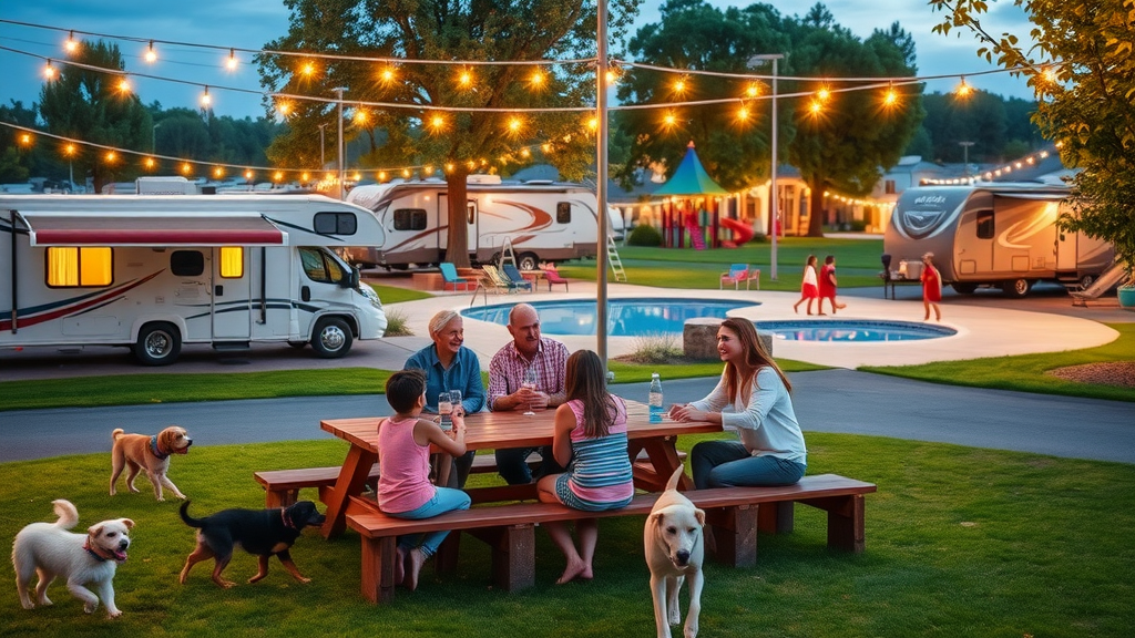 Family gathering at luxury rv camping site with amenities and evening lights