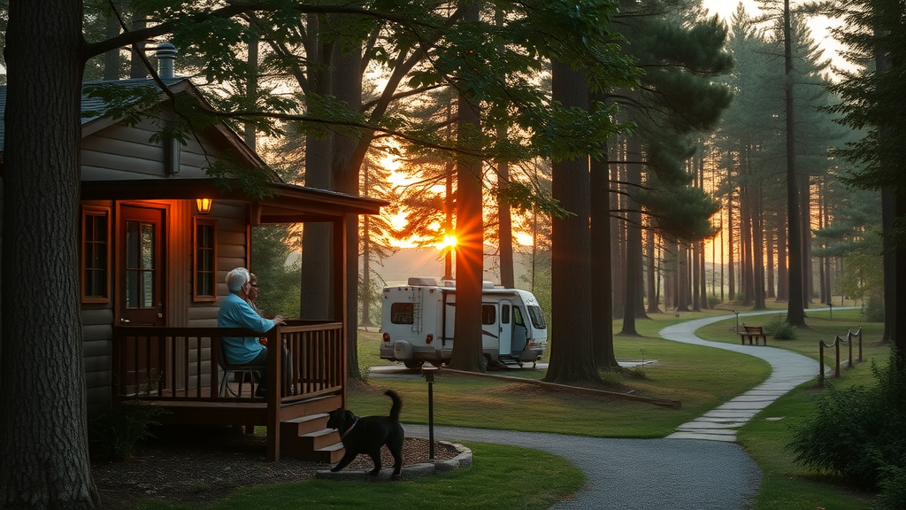 Elderly couple relaxing at scenic rv camping site cabin at sunset