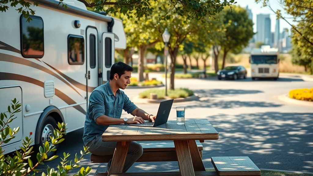 Young professional remote working during long-term RV stay in Austin