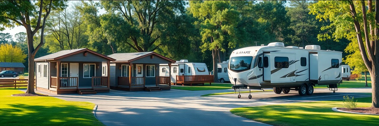 Modern cabins and RVs in a sunny park, ideal for long-term RV stays.