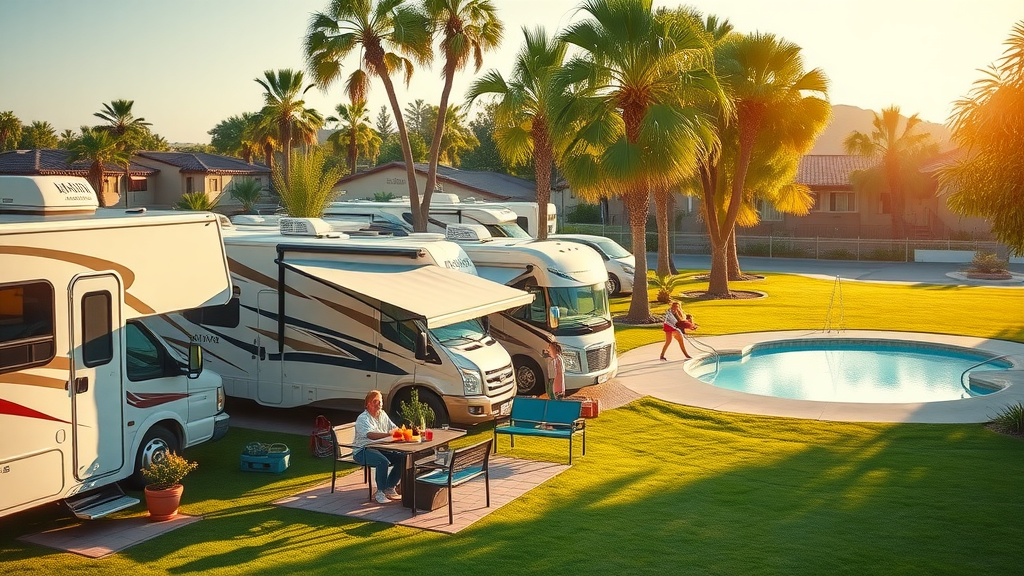 Modern RV park with families enjoying long-term RV stays by pool and playground.