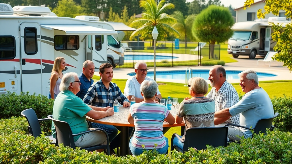 Diverse RV park community enjoying amenities during long-term RV stays.