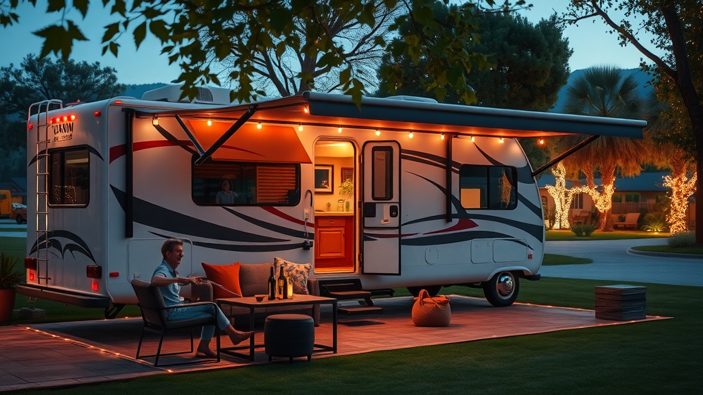 Long-term RV stay featuring cozy RV, patio, and string lights at sunset.