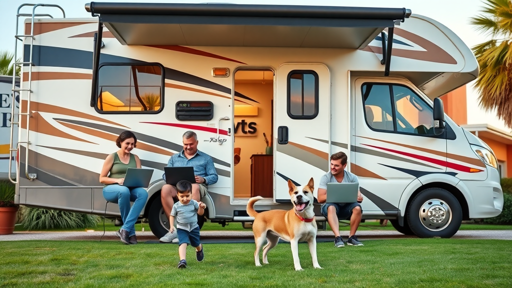 Family enjoying work and play in a resort during long-term RV stays.