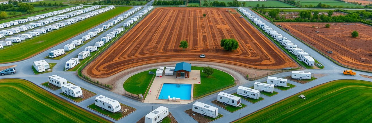 Aerial view of RV park amenities including pool, trailers, and green space