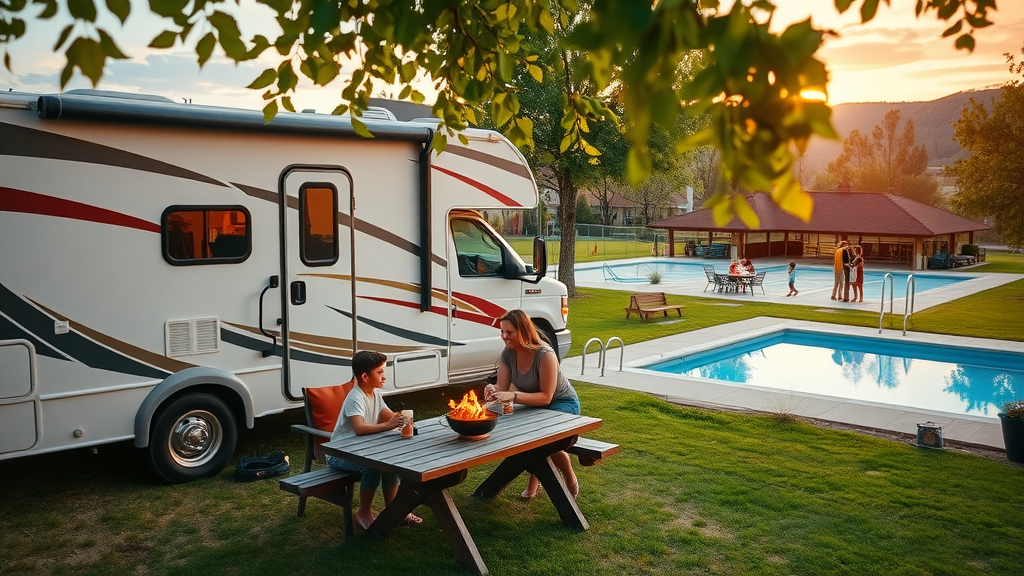 Beautiful RV park with pool, BBQ pavilion, dog park, and family-friendly amenities.