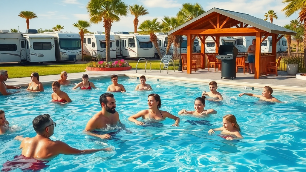 RV park amenities include pool, BBQ area, and social spaces for families.