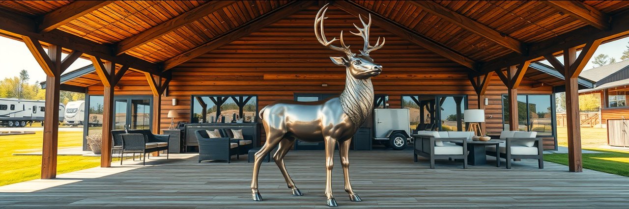 Metal deer sculpture on wooden deck at Austin tent camping site