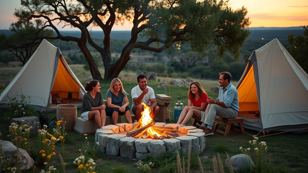 Austin tent camping group enjoys campfire under Texas sunset and wildflowers