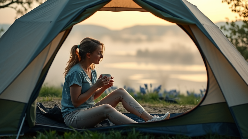 Young woman relishes peaceful morning at Austin tent camping spot