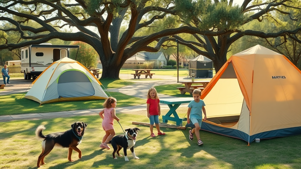 Family and pets having fun at Austin tent camping site with amenities