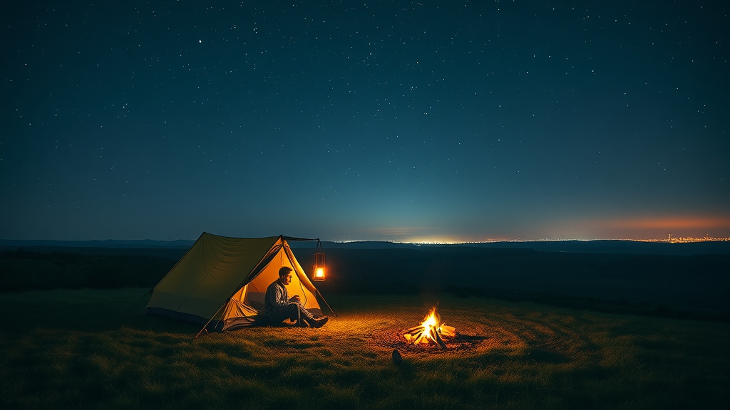Romantic couple enjoys starlit Austin tent camping near city skyline