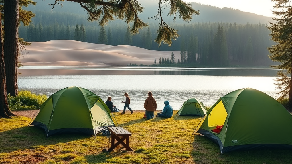 Serene lakeside campground at Bluebill Campground in Oregon with peaceful campers setting up tents amongst lush forest, sand dunes, and reflective lake in the early morning sunlight.