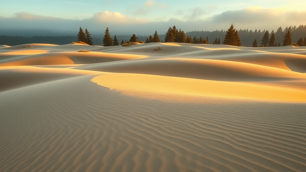 Majestic coastal sand dunes at Oregon Dunes National Recreation Area with misty evergreen trees and windswept golden sands under cool morning light.