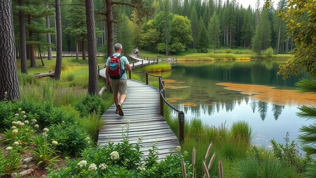 Forested trail beside Bluebill Lake with a hiker on a boardwalk surrounded by lush vegetation, wildflowers, and native greenery.