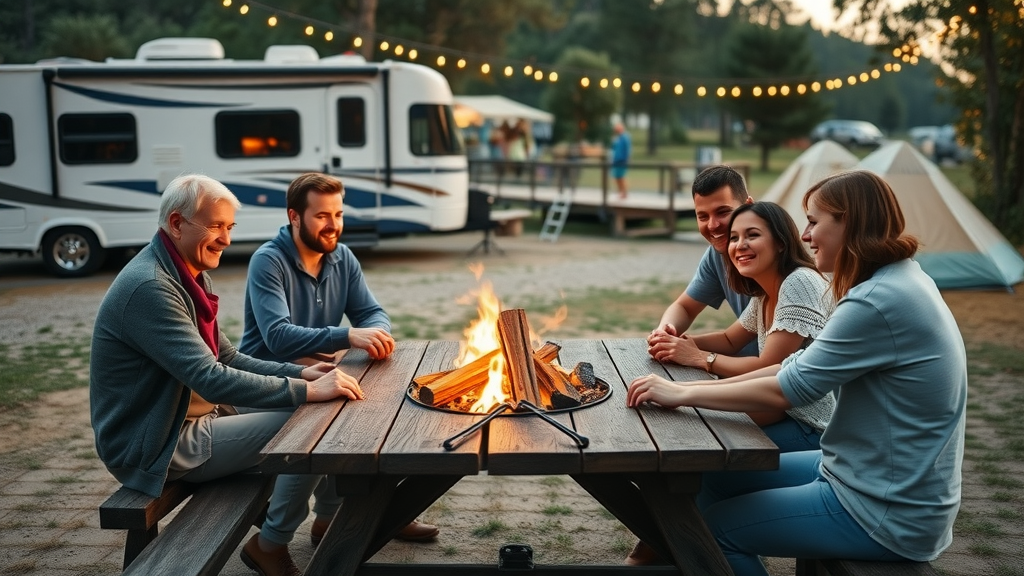 Bluebill Campground amenities with family at picnic table and campfire, RVs, tents, boardwalk, and warm evening tones in lush Oregon forest.