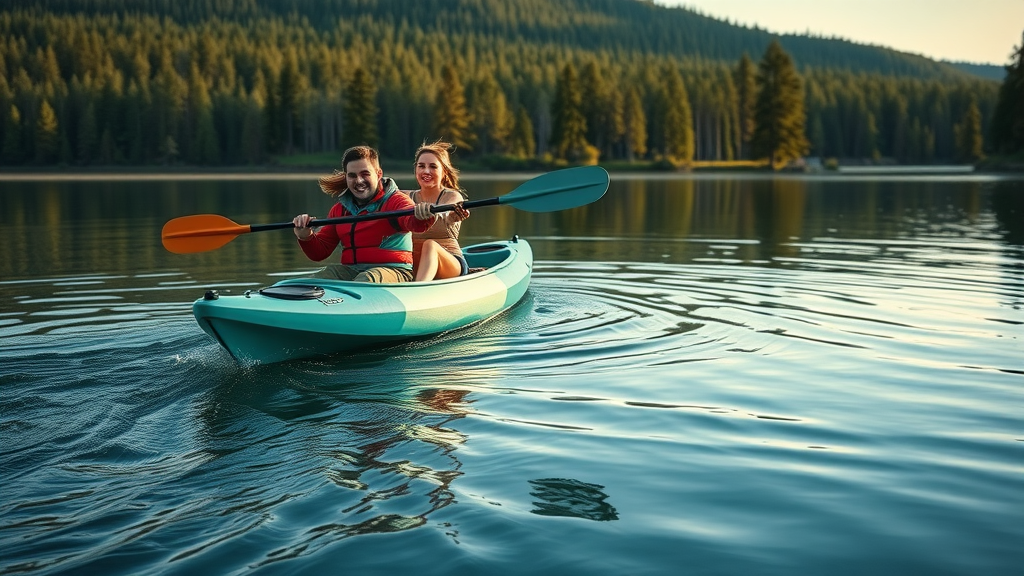 Campers kayaking on Bluebill Lake with pine trees and calm water, afternoon sun at Bluebill Campground in Oregon.