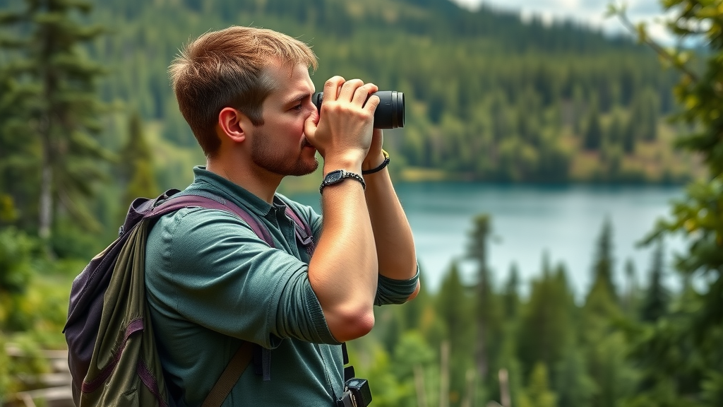 Hiker with binoculars and gear overlooking Bluebill Lake and Oregon forest, sun filtering through green vegetation.