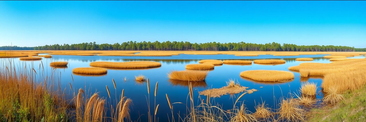 Tranquil wetland at Bon Secour National Wildlife Refuge with pine trees and marsh grasses