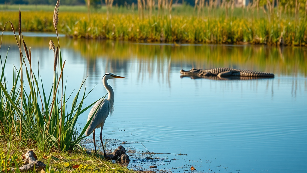 Heron and alligator in wetlands at Bon Secour National Wildlife Refuge lagoon