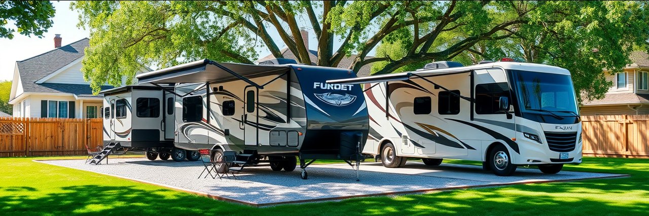RV park amenities with modern RVs, shady trees, and clean gravel pads.