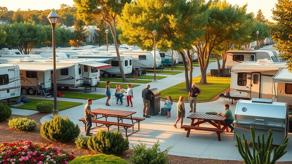 Modern RV park amenities with families enjoying BBQ and shaded outdoor spaces