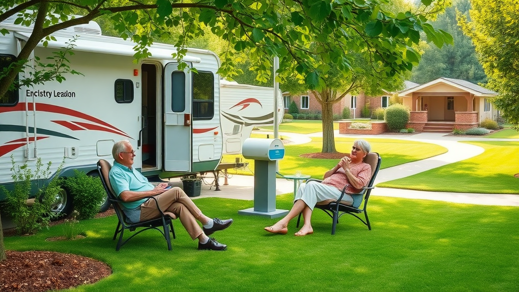 Peaceful RV park amenities with landscaped gardens, reading nook, retirees socializing