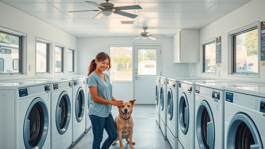 RV park amenities feature modern laundry center, pet-friendly and spacious