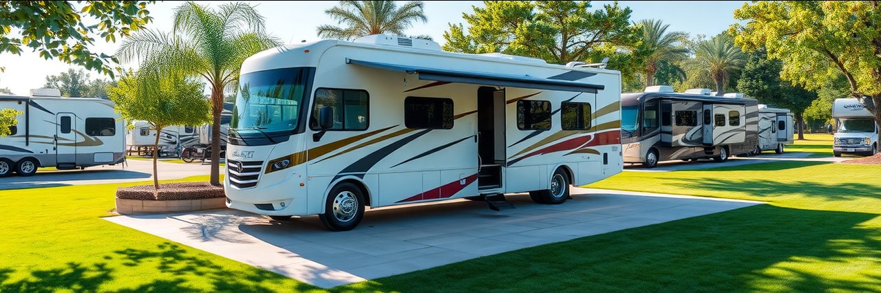 Modern luxury RV camping site in San Antonio with spacious resort and lush greenery.