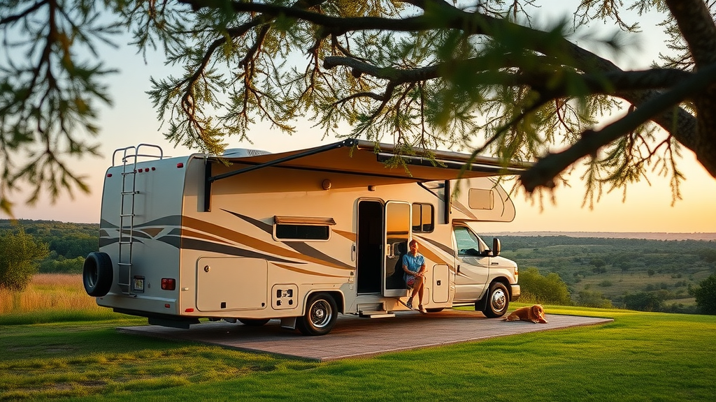 Luxury RV camping San Antonio scenic campsite in Texas Hill Country at sunset