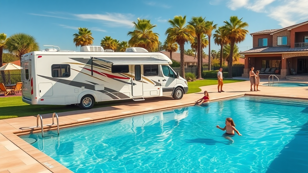 Luxury RV camping San Antonio family relaxing by heated resort pool outdoors