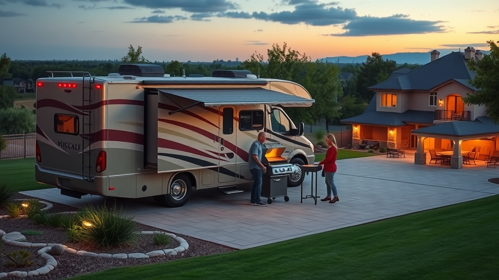 Luxury RV camping San Antonio couple enjoying dinner at premium resort site