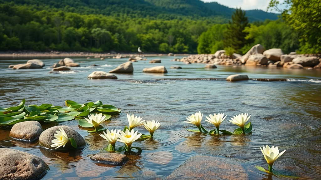 Cahaba River National Wildlife Refuge lilies blooming on rocky river shoals
