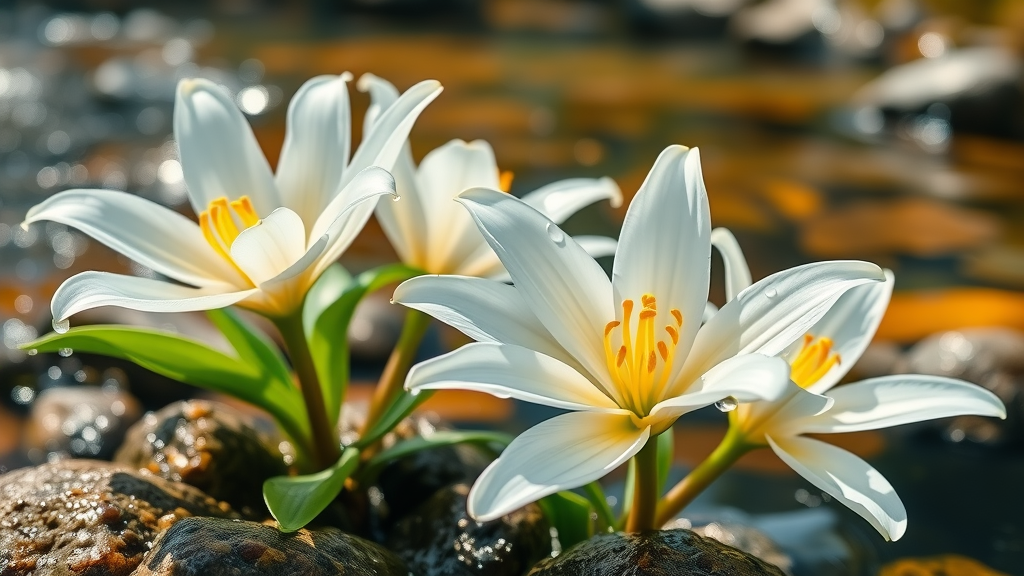 Blooming Cahaba lilies on river rocks at Cahaba River National Wildlife Refuge