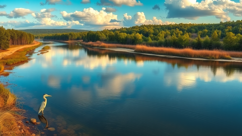 Great blue heron in pristine Cahaba River National Wildlife Refuge landscape