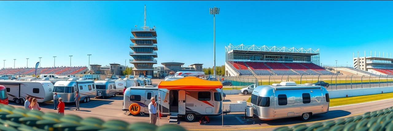 Spacious RV park and racetrack at Circuit of the Americas under sunny sky