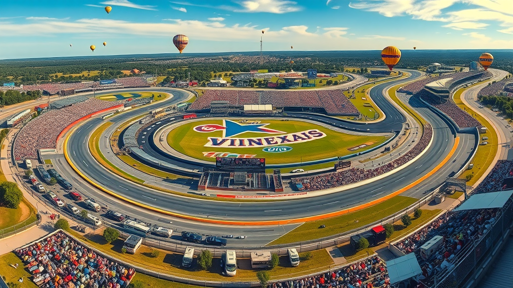 Aerial view of Circuit of the Americas with RV park, grandstands, Texas landscape