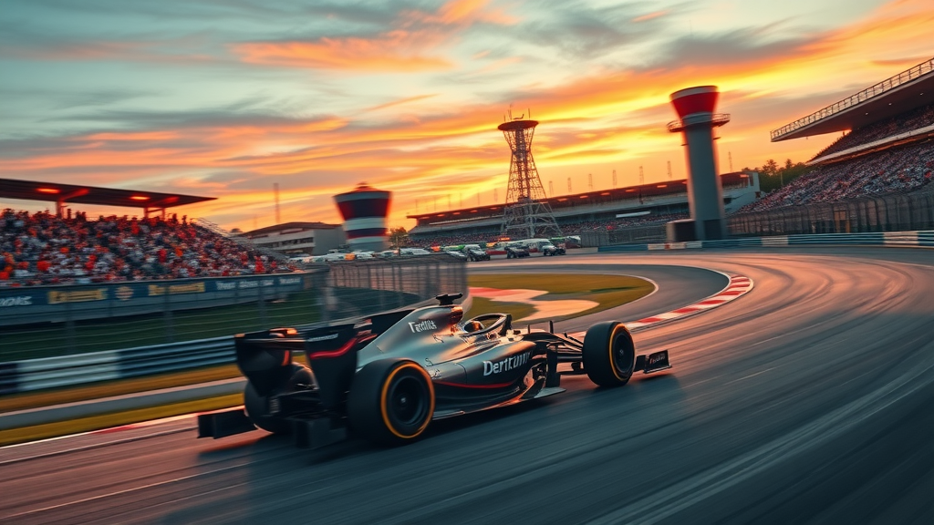 Formula 1 car speeding at Circuit of the Americas at sunset, grandstands packed