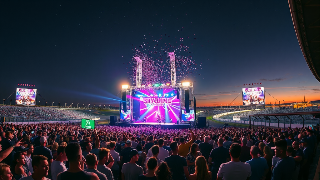 Nighttime concert at Circuit of the Americas with lit track and lively crowd
