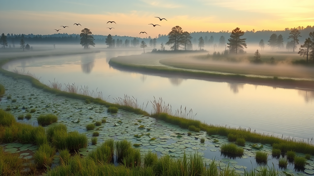 Wetlands and river at Eufaula National Wildlife Refuge with birds in morning mist.