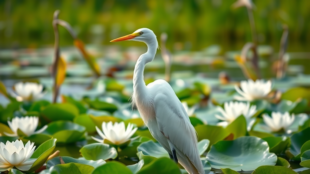 Great white egret among lily pads in Eufaula National Wildlife Refuge wetlands.